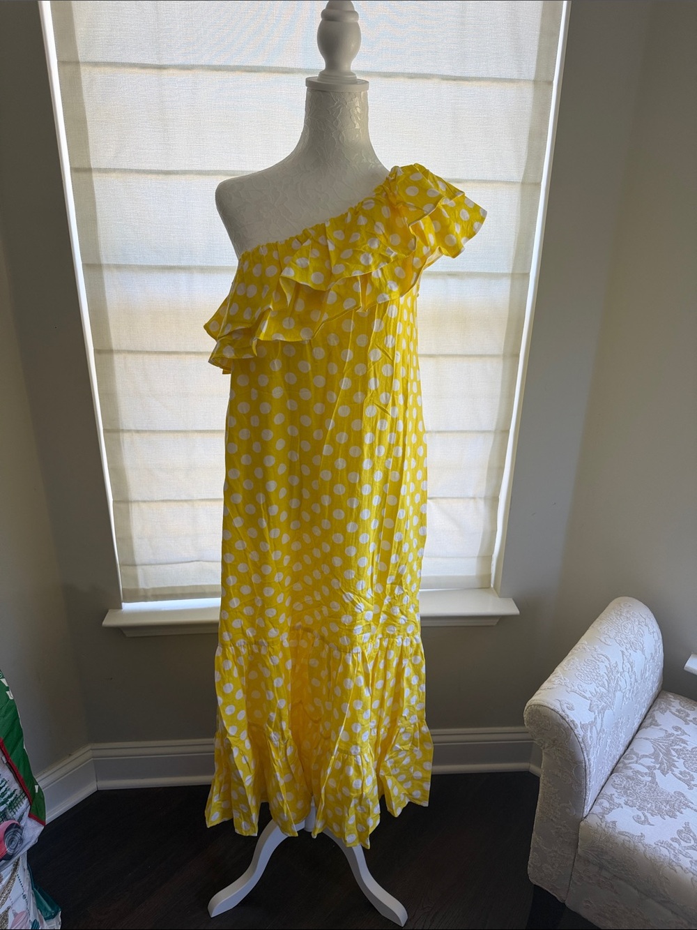 Yellow Polka Dot One-Shoulder Ruffle Dress